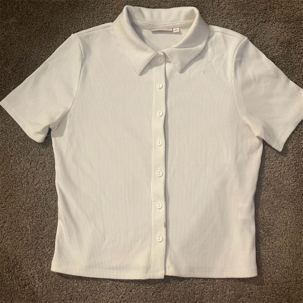 Women's White Ribbed Button-Front Polo Shirt Size S Short Sleeve Casual